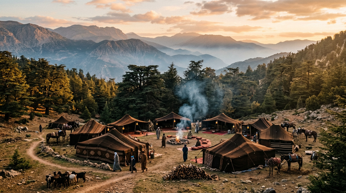 Bivouac Aday n Anfif au coucher du soleil dans les cèdres du Moyen Atlas